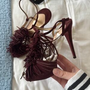 CHRISTIAN LOUBOUTIN Maroon Red Fringe Open Toe Pump Heel Size 37.5